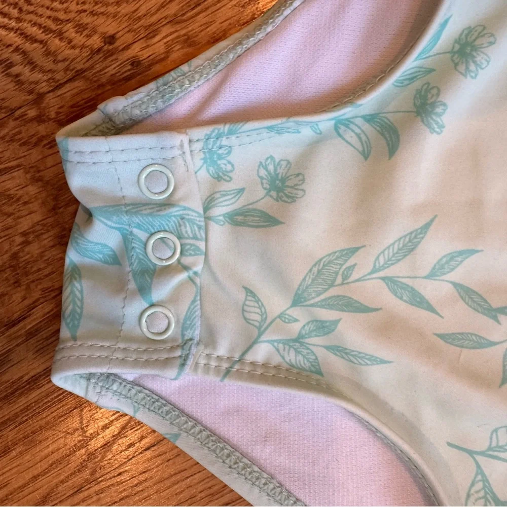 Eddie Bauer Mint Green Leaf Print Girls Rash Guard w/ bucket hat sz 24 months